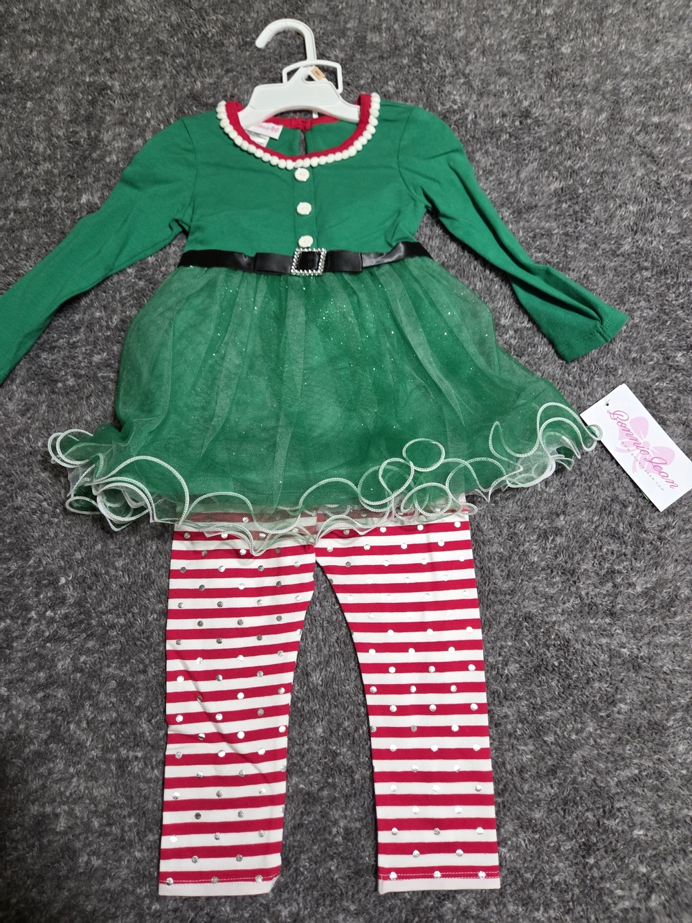 Bonnie Jean Green Tulle Top with Red & White Stripe Leggings